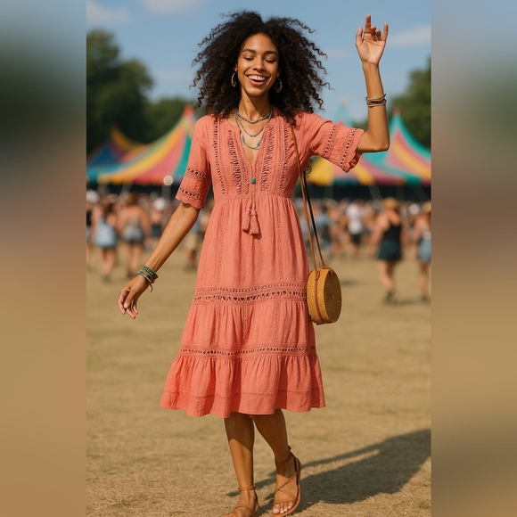 Boho Coral Lace Cotton Midi Tassel Embroidered Festival 2 Piece Dress Set - Picture 1 of 7